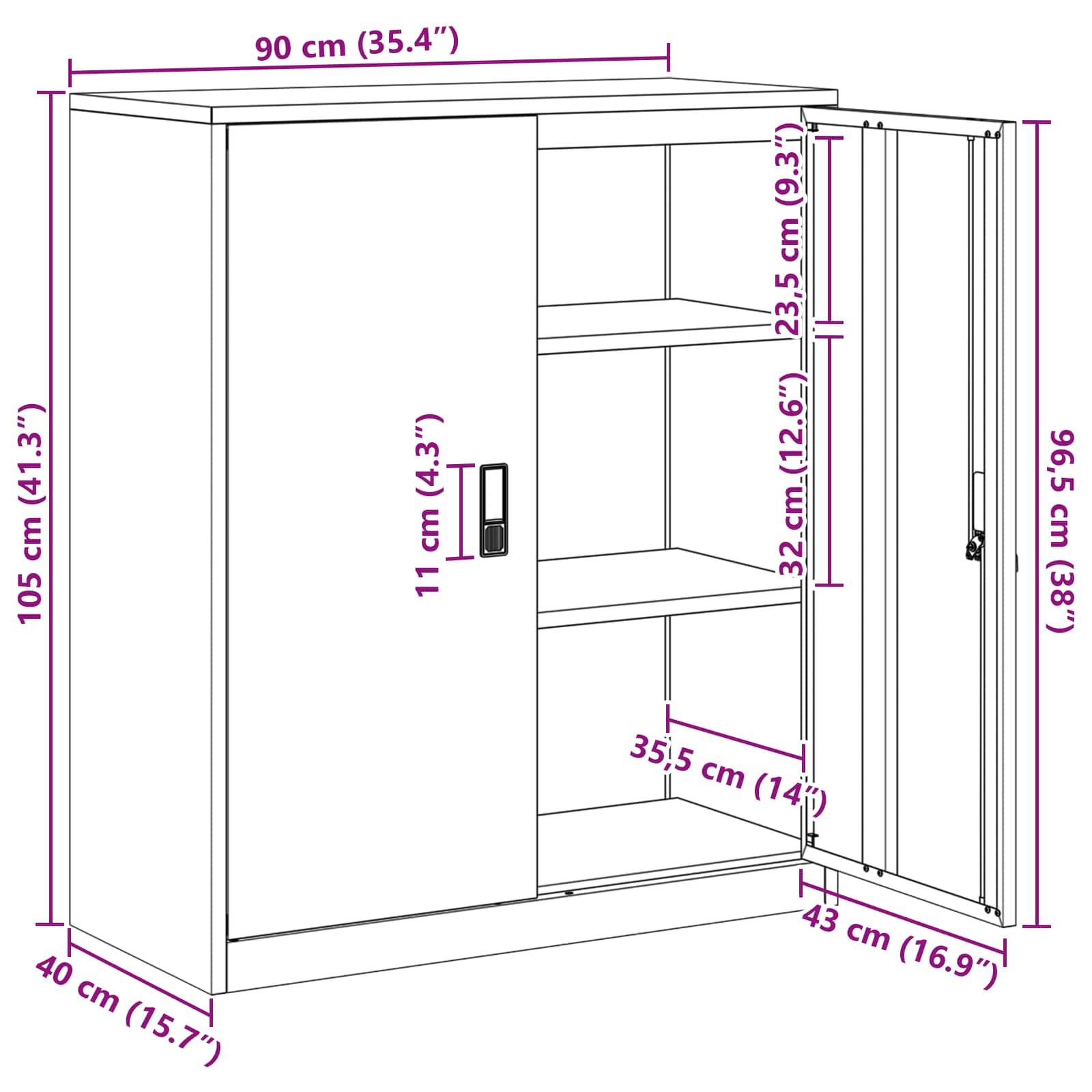 Diagramm eines Schranks mit Abmessungen: 90 cm breit, 105 cm hoch und 40 cm tief. Enthält Regale und eine Tür mit Angabe der internen Maße.