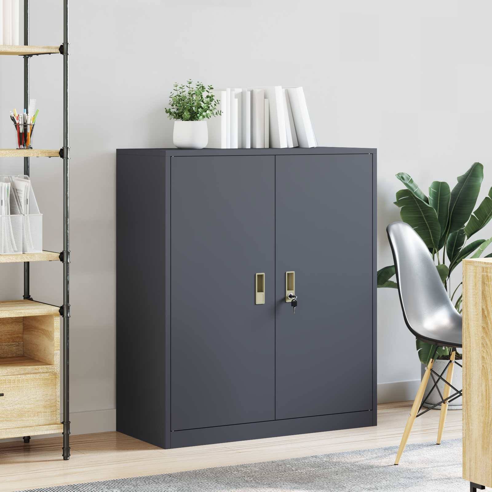 Ein grauer Schrank mit geschlossenen Türen, zwei Schlössern und Büchern oben drauf steht gegen eine hellfarbige Wand gelehnt. Eine Pflanze und ein Teil eines Schreibtisches sind in der Nähe sichtbar.