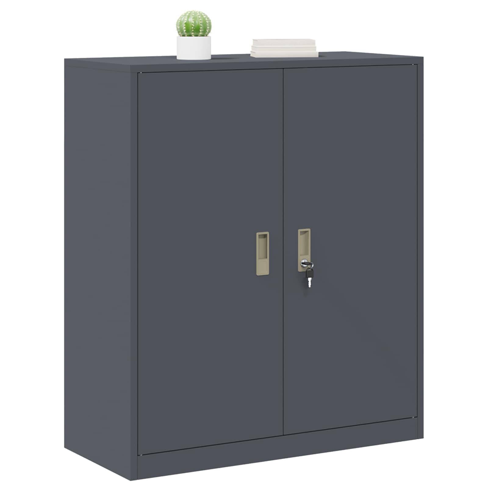 Ein dunkelgraues Metalllagerschrank mit zwei Türen, jede mit einem Griff und einem Schloss. Eine kleine Pflanze und ein Stapel Papiere sitzen oben drauf.