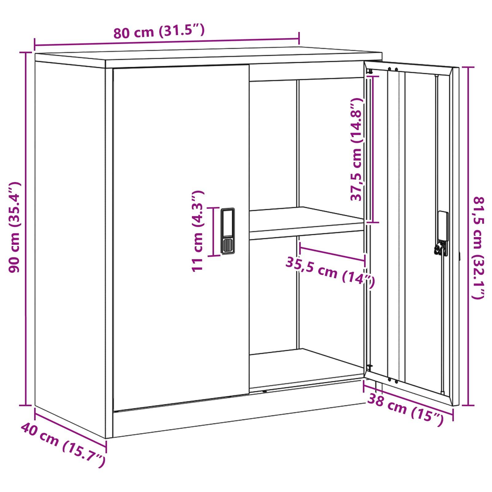 Ein detailliertes Diagramm eines Schranks mit Abmessungen: Höhe 90 cm (35,4