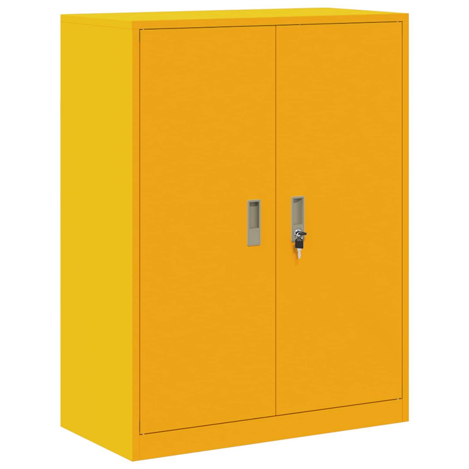 Gelbes Metalllagerschrank mit zwei verschließbaren Türen und Griffen, geeignet zum Organisieren von Werkzeugen oder Materialien in einer Werkstatt oder Garage.