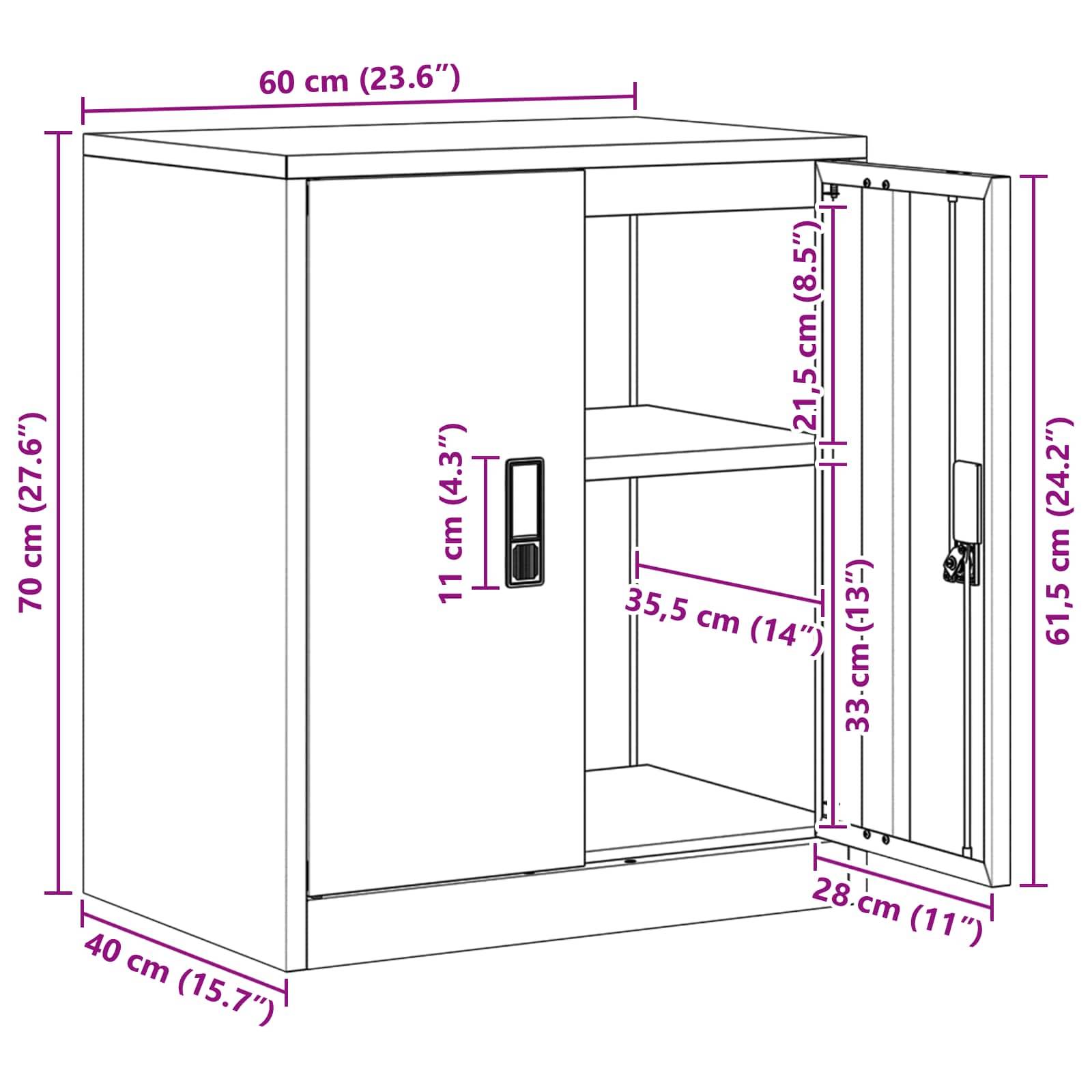 Schrank mit offener Tür. Abmessungen: 70 cm (Höhe), 60 cm (Breite), 40 cm (Tiefe). Regale: 21,5 cm, 33 cm, 35,5 cm breit.