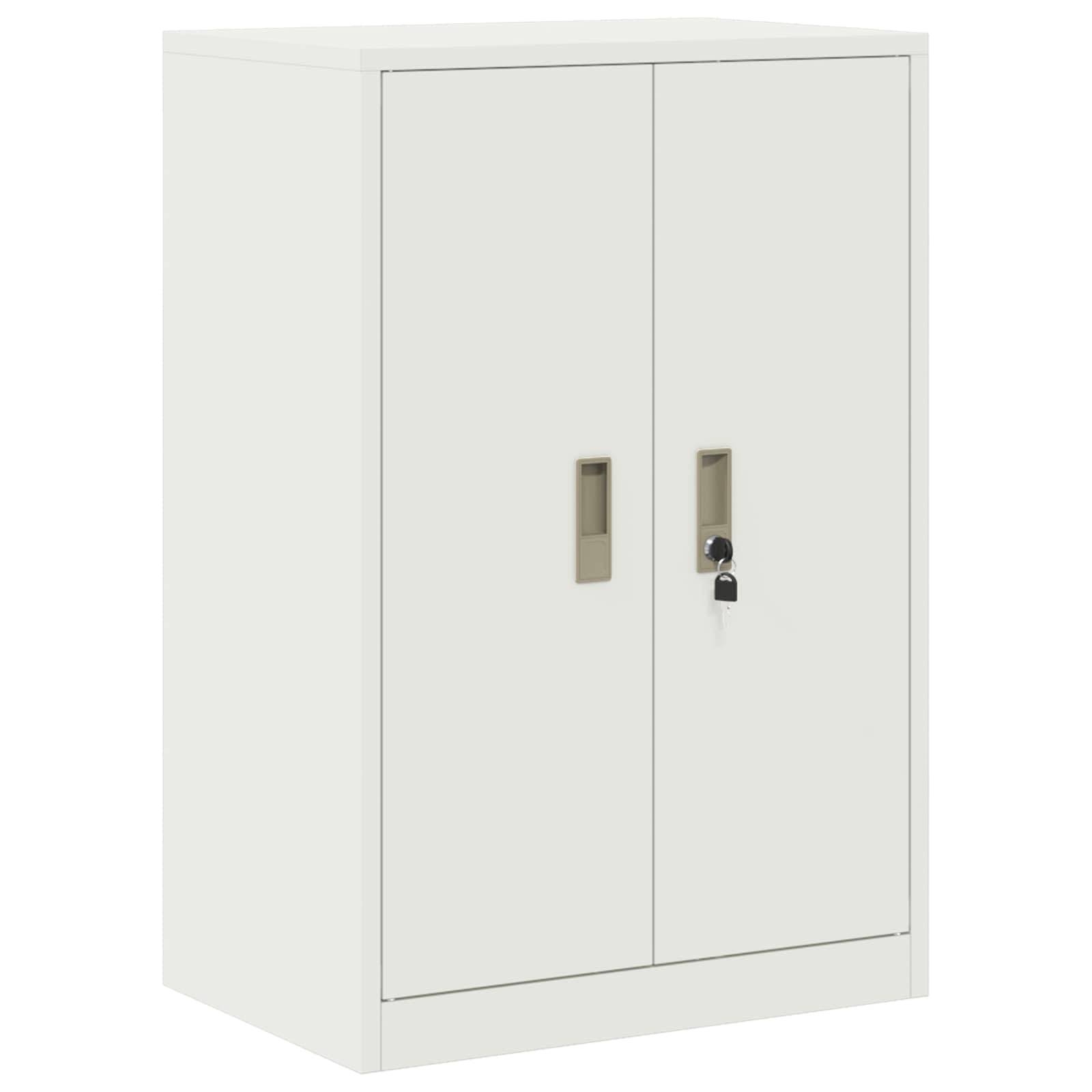 Ein weißer Metalllagerschrank mit zwei Türen, jede mit einem rechteckigen Griff und einem Schloss an der rechten Tür.