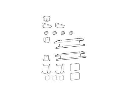 Technische Zeichnung von zerlegten Teilen, einschließlich zylindrischer Stücke, flacher Platten und Verbindungselemente, systematisch angeordnet.