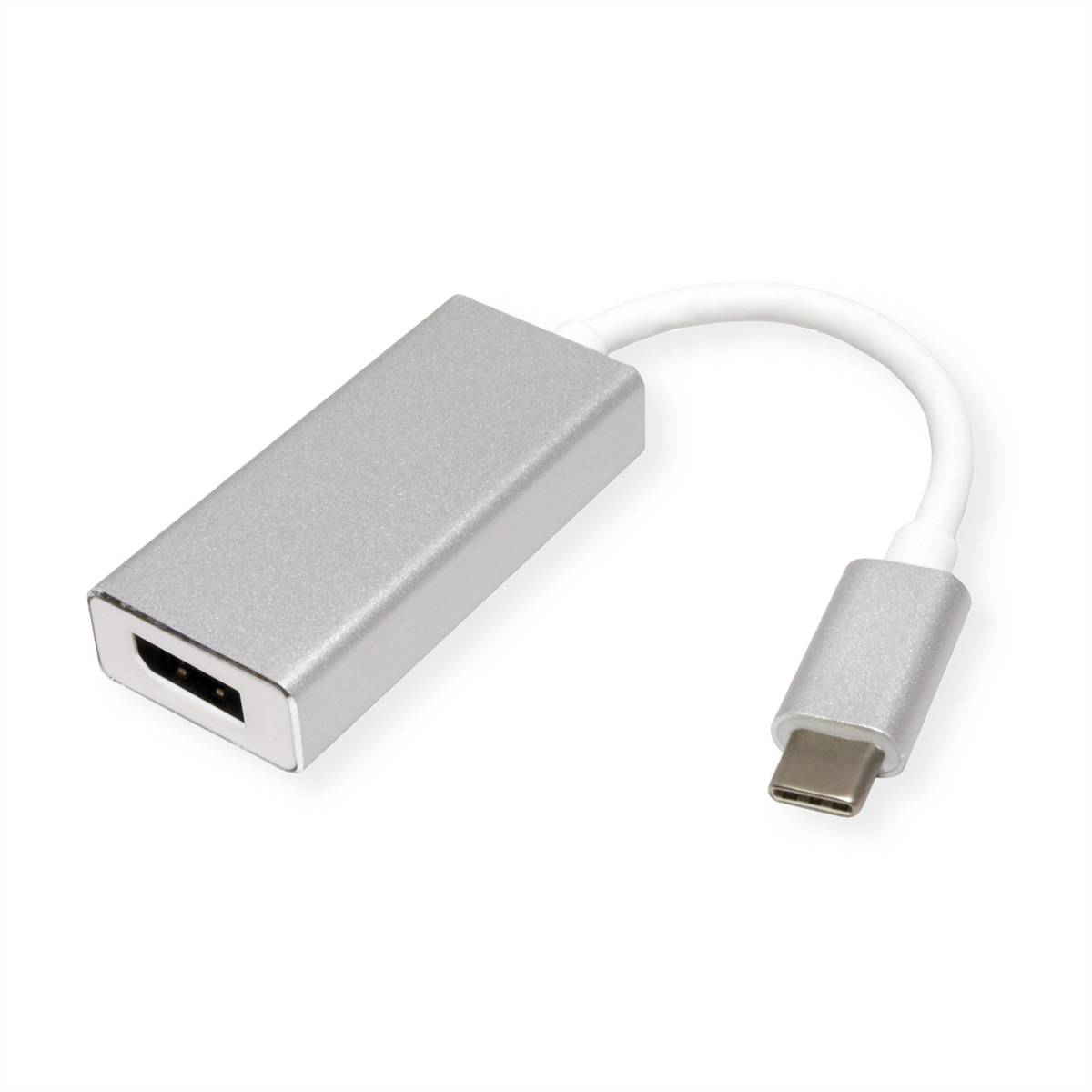 Silberner USB-C-zu-HDMI-Adapter mit kurzen Kabel, der die Verbindung von Geräten mit USB-C-Anschlüssen zu Displays mit HDMI-Eingängen ermöglicht.
