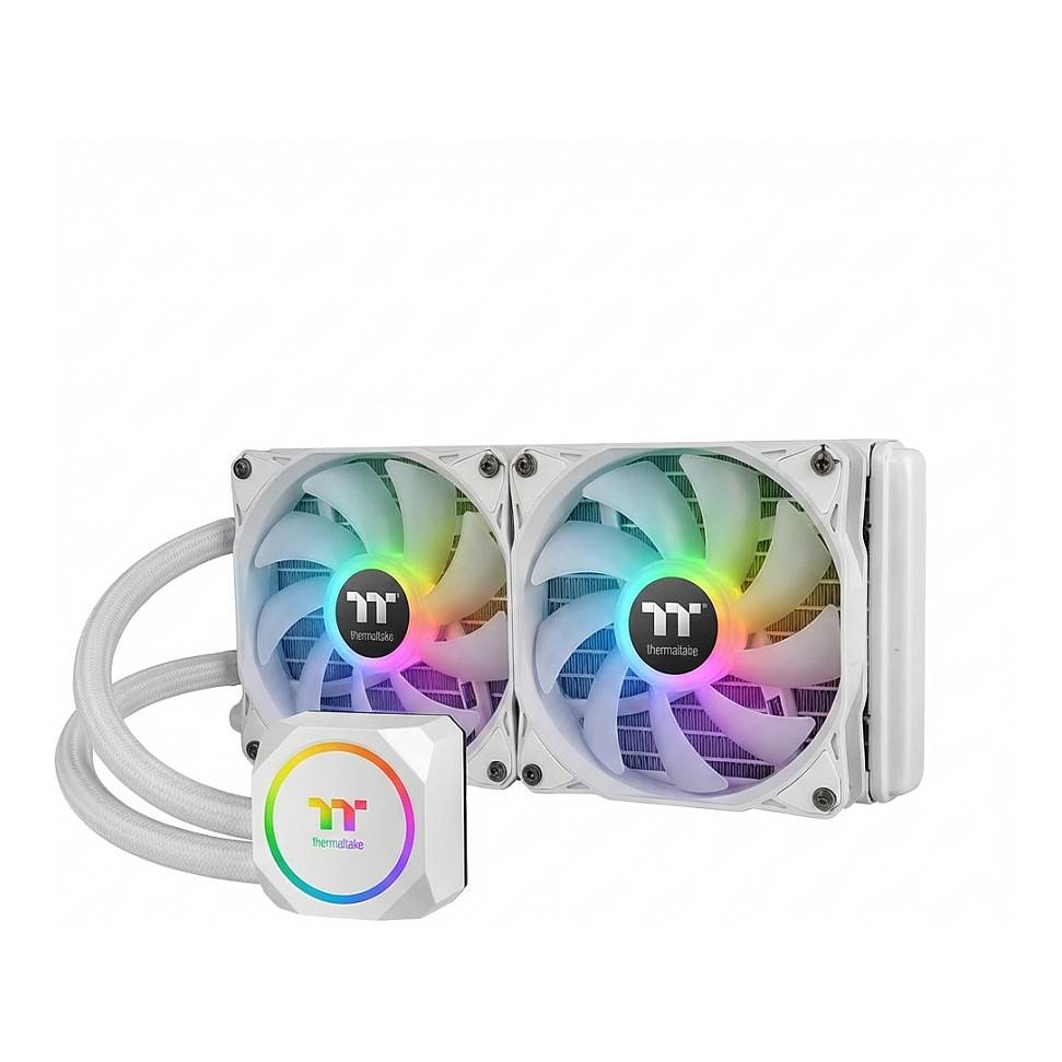 Dual weiße Computerkühllüfter mit RGB-Beleuchtung zusammen mit einem RGB-beleuchteten Pumpenkopf, konzipiert für effiziente Wärmeableitung von der CPU.