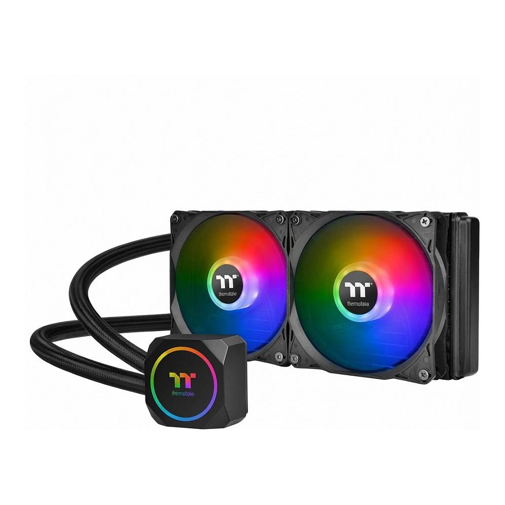 Ein Dual-Lüfter-Computer-Kühlsystem mit RGB-Beleuchtung, mit elegantem schwarzem Design und kreisförmigen Lüftern, die durch Rohre verbunden sind.