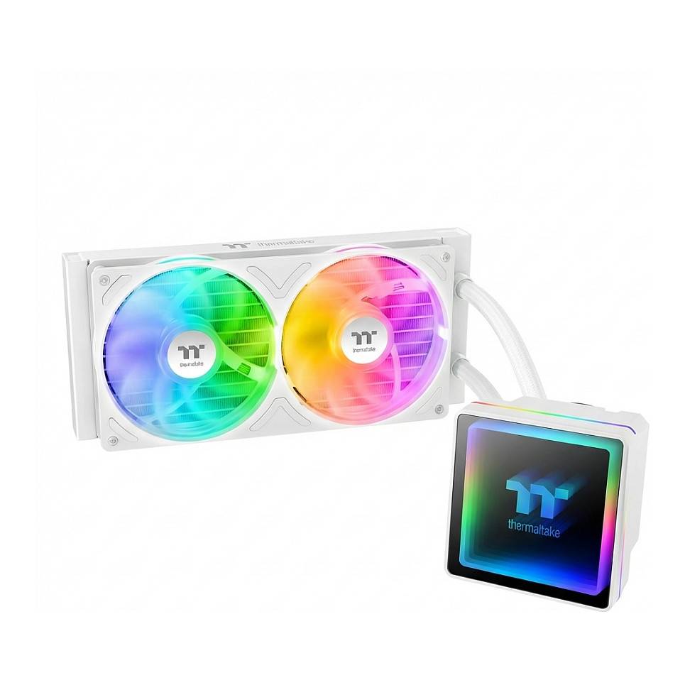 Ein weißes Thermaltake-Flüssigkeitskühlunsystem mit dualen RGB-Lüftern und einem digitalen Display, das zur effizienten CPU-Temperaturverwaltung ausgelegt ist.