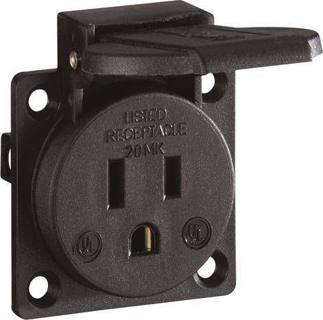 Eine schwarze Steckdose mit Klappendeckel, gekennzeichnet als „Listed Receptacle 20A 125V