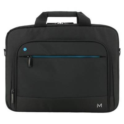 Eine schwarze Laptoptasche mit Griff, Reißverschlusstasche an der Vorderseite und blauem Akzent.