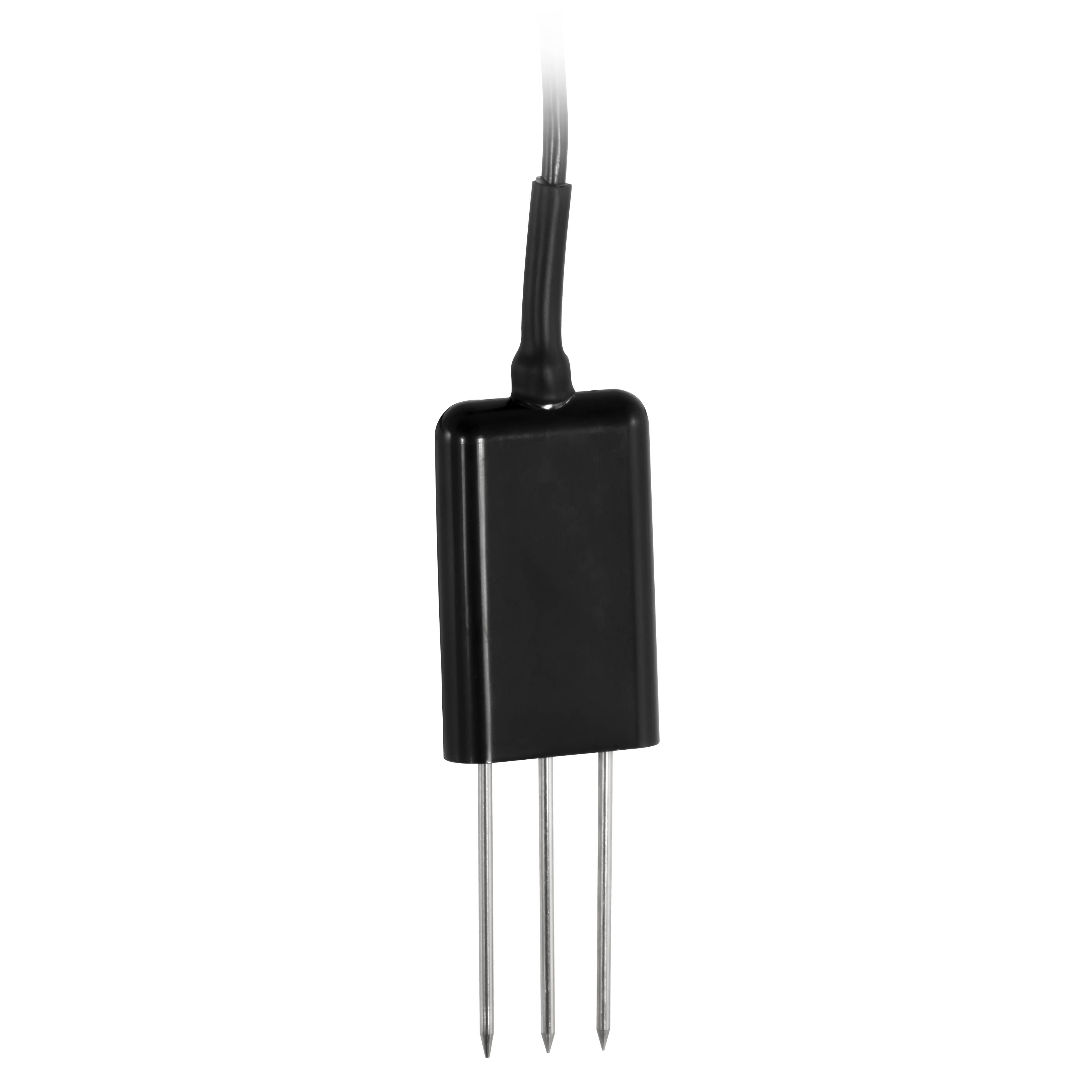 Ein Bodenfeuchtesensor aus schwarzem Material mit drei Metallsonden und einem Verbindungskabel, der zur Messung des Feuchtigkeitsniveaus im Boden verwendet wird.