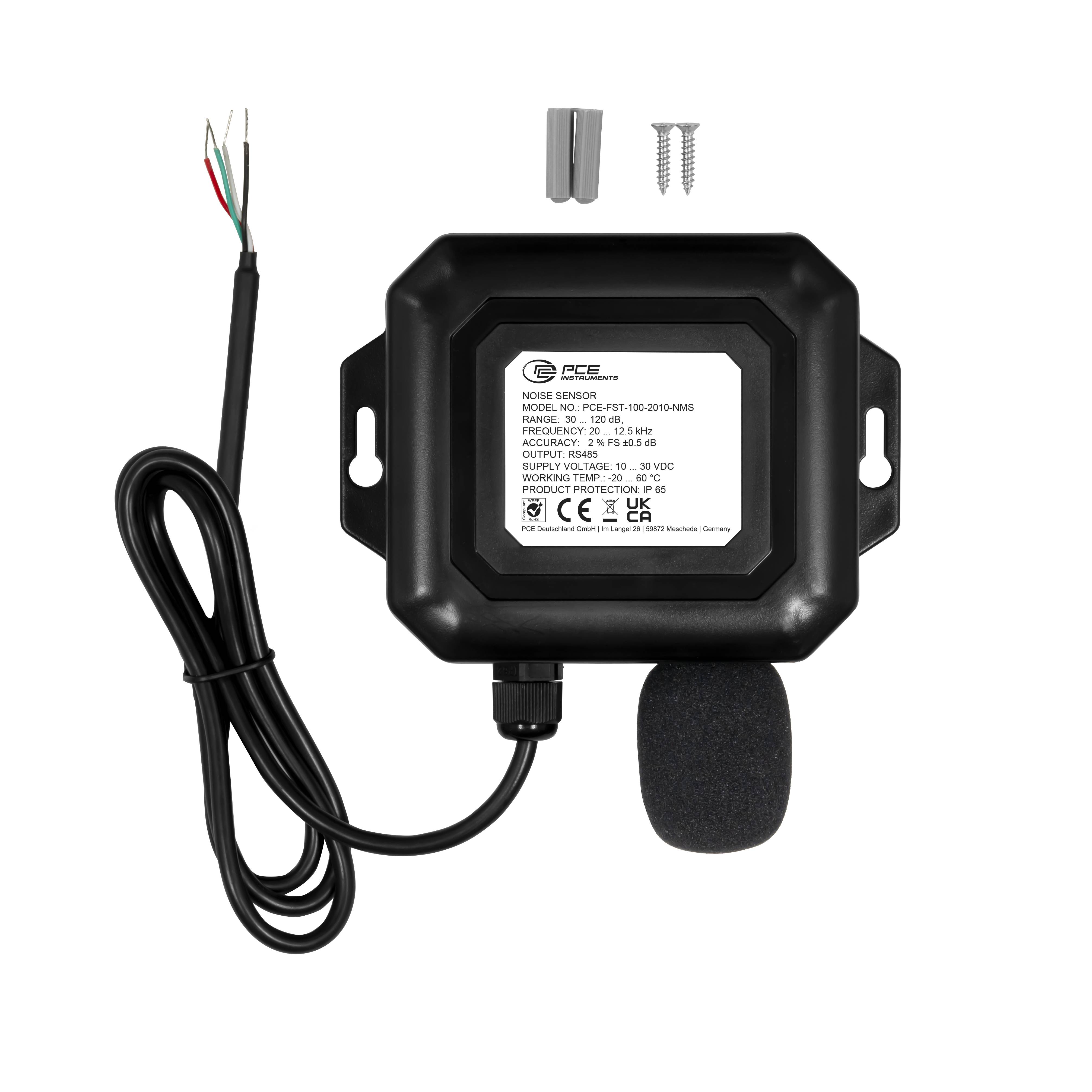 „Mikrofon-Typ 20-200Hz Aufnahmesensor" mit Kabel, Befestigungsschrauben und Steckverbindern dargestellt.