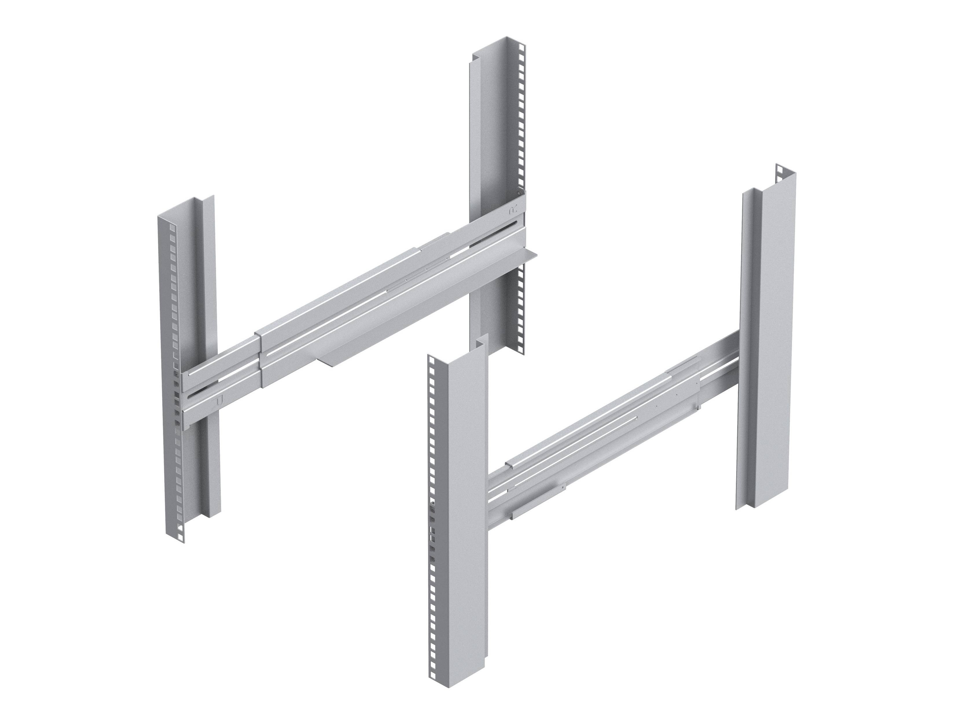 Eine 3D-Darstellung eines grauen Metallklammersystems mit vertikalen und horizontalen Komponenten, das wahrscheinlich für Stütz- oder Montagezwecke verwendet wird.