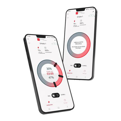 Zwei Smartphones zeigen eine Benutzeroberfläche einer Elektrofahrzeug-Ladeapp an, die den Batterieprozenzsatz, die verbleibende Zeit und Lademodus-Optionen anzeigt.