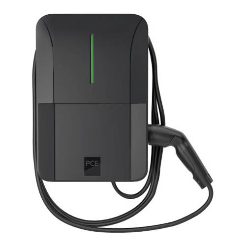 Ladestation für Elektrofahrzeuge mit angebrachtem Kabel, mit elegantem schwarzem Design und subtiler LED-Anzeige an der Vorderseite.