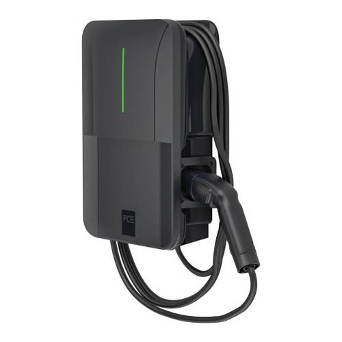 Ladestation für Elektrofahrzeuge mit aufgewickeltem Kabel. Ein grünes Licht zeigt den aktiven Status an.