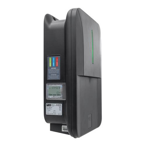 Eine moderne Elektrofahrzeug-Ladestation mit digitaler Anzeige, die Nutzungsinformationen anzeigt, sowie Indikatoren und ein schwarzes, elegantes Design.