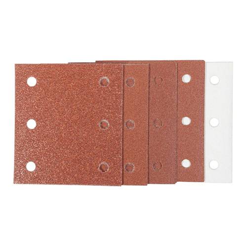 „Fünf Schleifpapiertücher mit Löchern, jeweils in unterschiedlichen Körnungen von grob bis fein, in absteigender Größenordnung angeordnet.