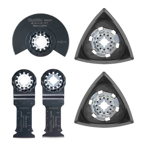 Klingen und Sägeaufsätze in verschiedenen Formen und Größen für unterschiedliche Schneidaufgaben, wahrscheinlich Teile für ein Multitool zum Bearbeiten von Holz und Metall.