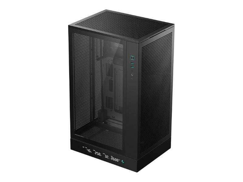 Ein schwarzes Computergehäuse mit Mesh-Paneelen und einer transparenten Seitenwand, die digitale Anzeigen an der unteren Vorderseite zur Anzeige von Systemstatistiken aufweist.