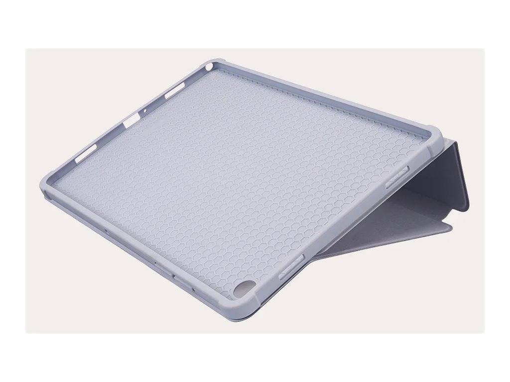 Graue Klapptablet-Schutzhülle mit integriertem Ständer, offen in einem Winkel vor hellem Hintergrund angezeigt.