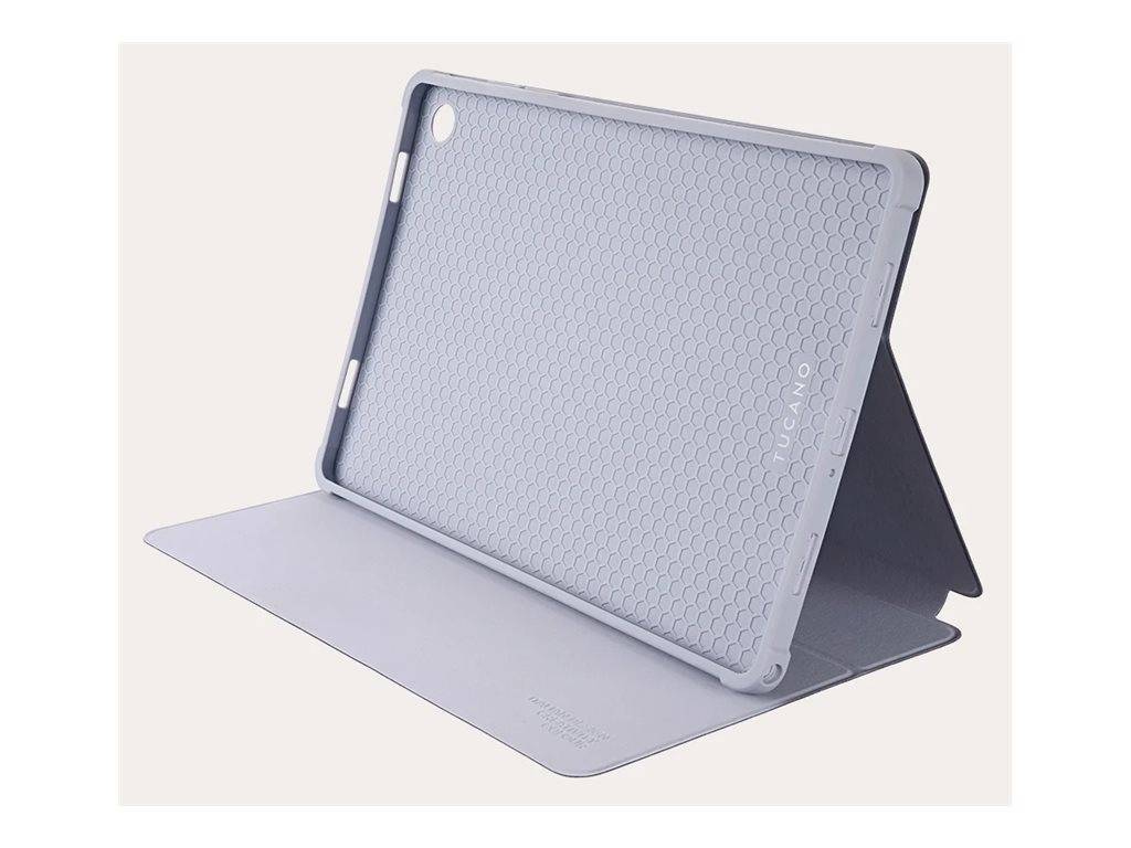 Graues Tablet-Schutzetui mit integriertem Klappsupport, offen dargestellt und auf hellem Hintergrund aufgestellt.