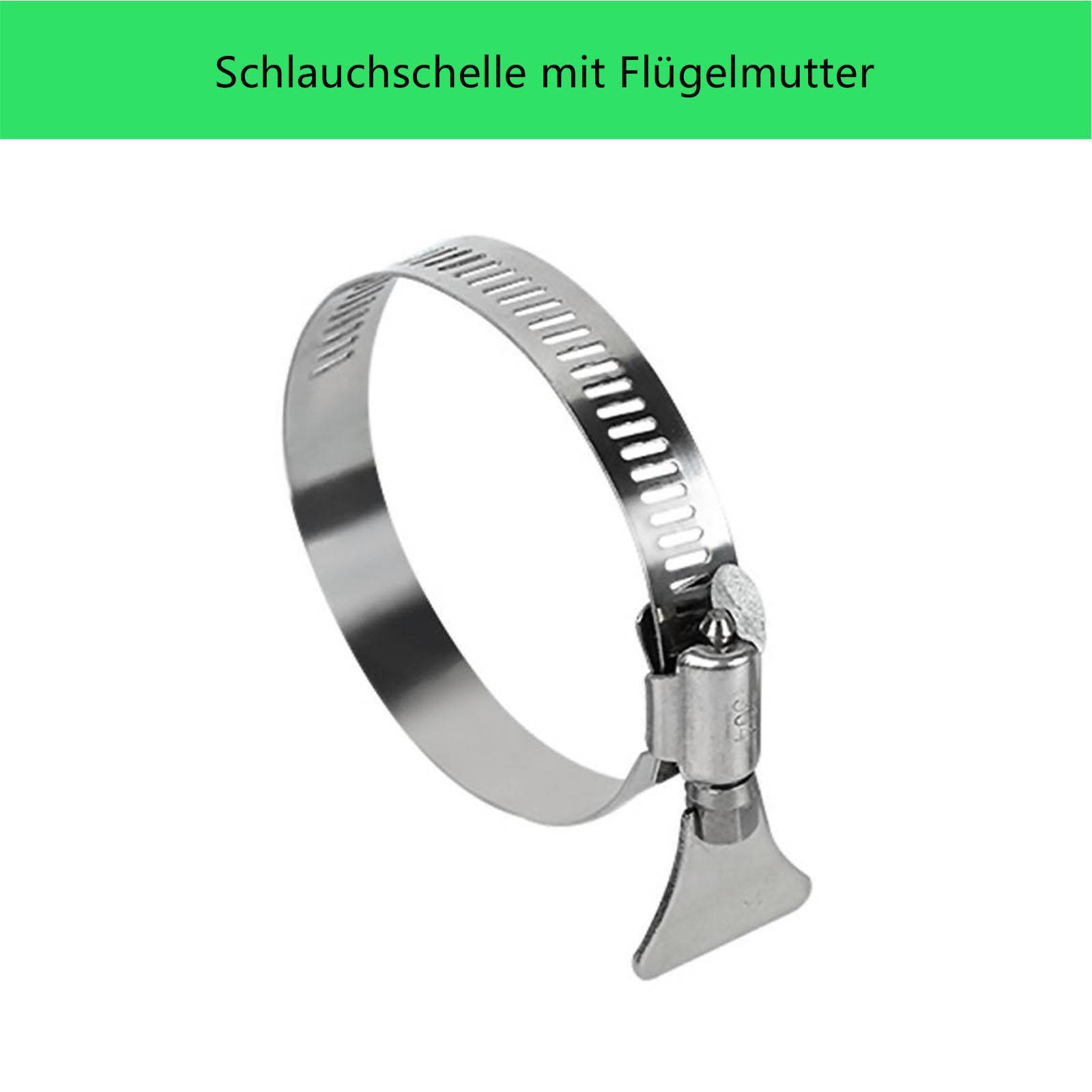 Eine Metallschlauchschelle mit Flügelmutter, auf grünem Hintergrund mit der Beschriftung 