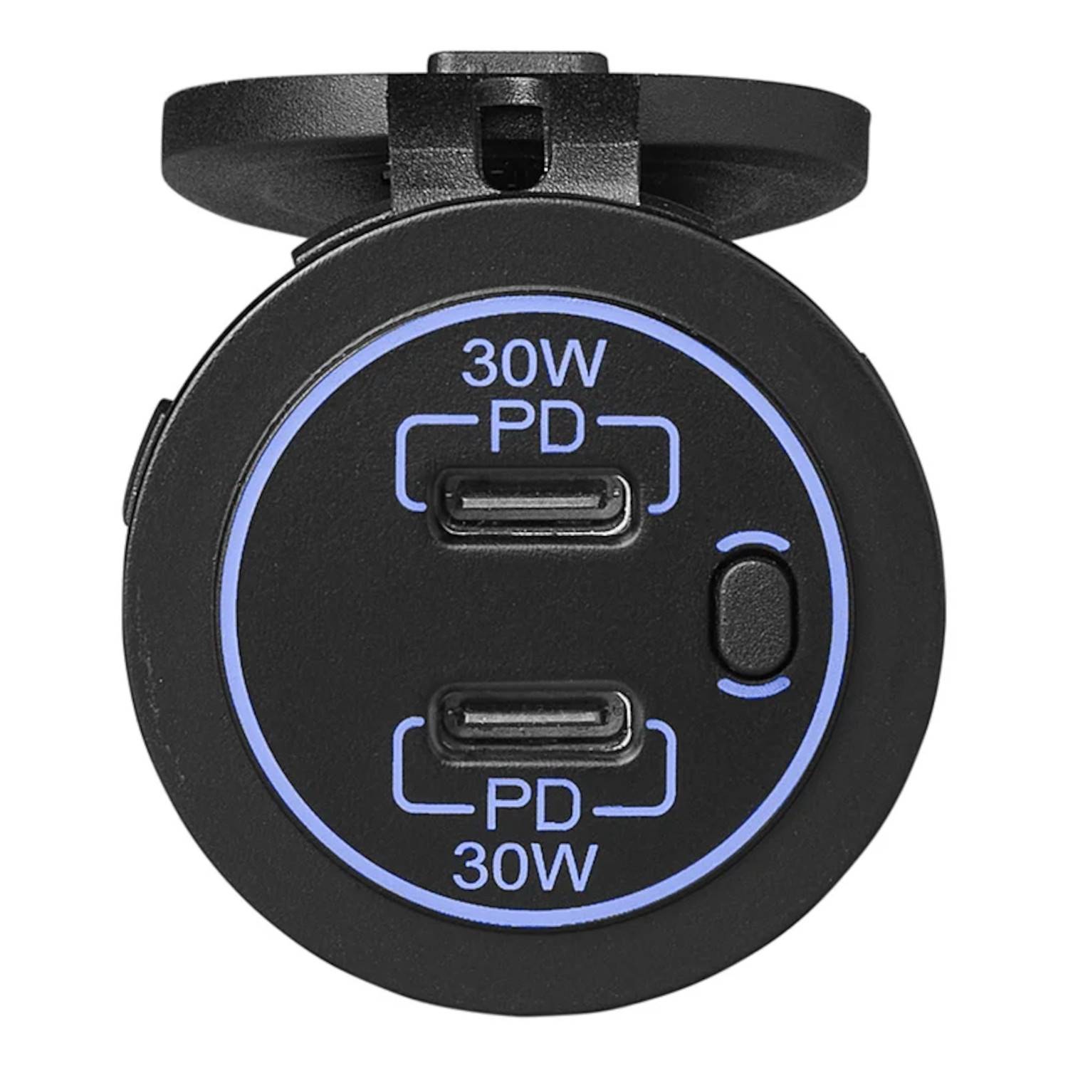 Schwarzes Dual-USB-C-Autoladegerät mit zwei 30-W-PD-Anschlüssen für schnelles Laden.