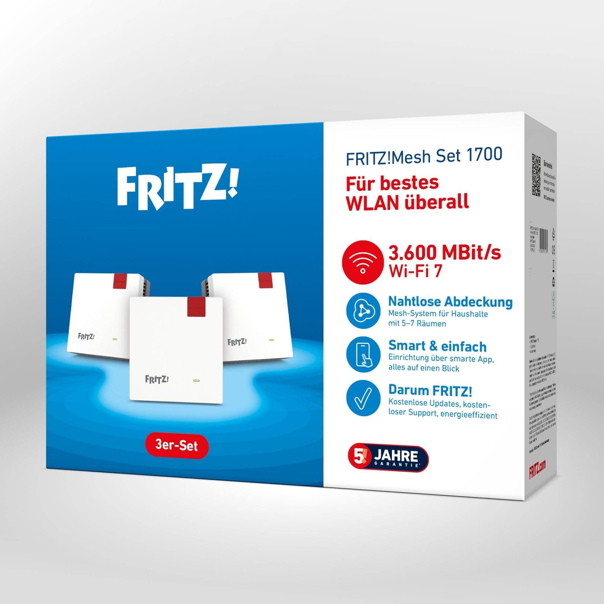 FRITZ!Mesh Set 1700 Routerpaket mit drei weißen Mesh-Einheiten; Text hebt 