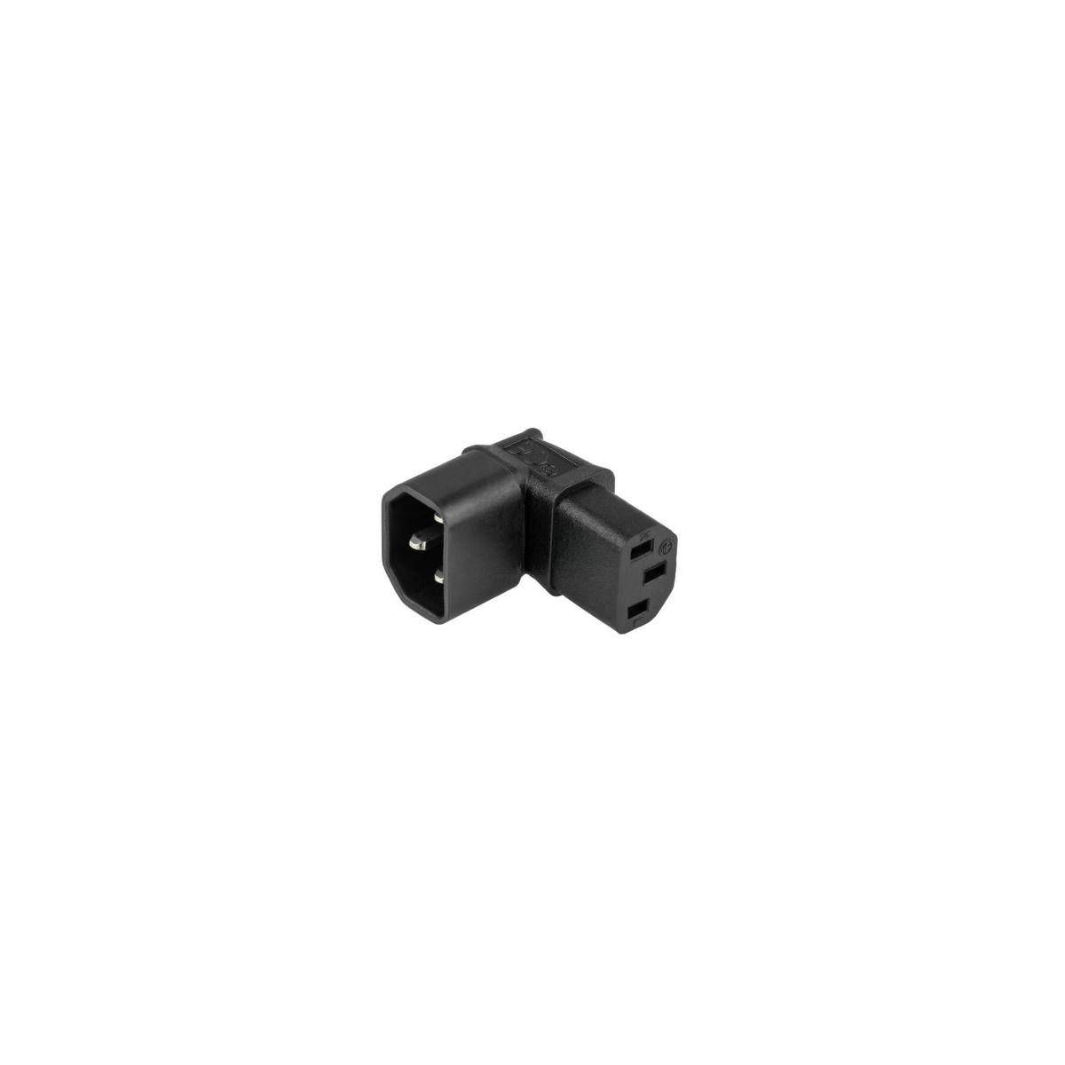 Ein schwarzer rechtwinkliger Stromsteckeradapter mit Stecker- und Buchsenenden, der zum Verbinden von Stromkabeln in engen Räumen verwendet wird.