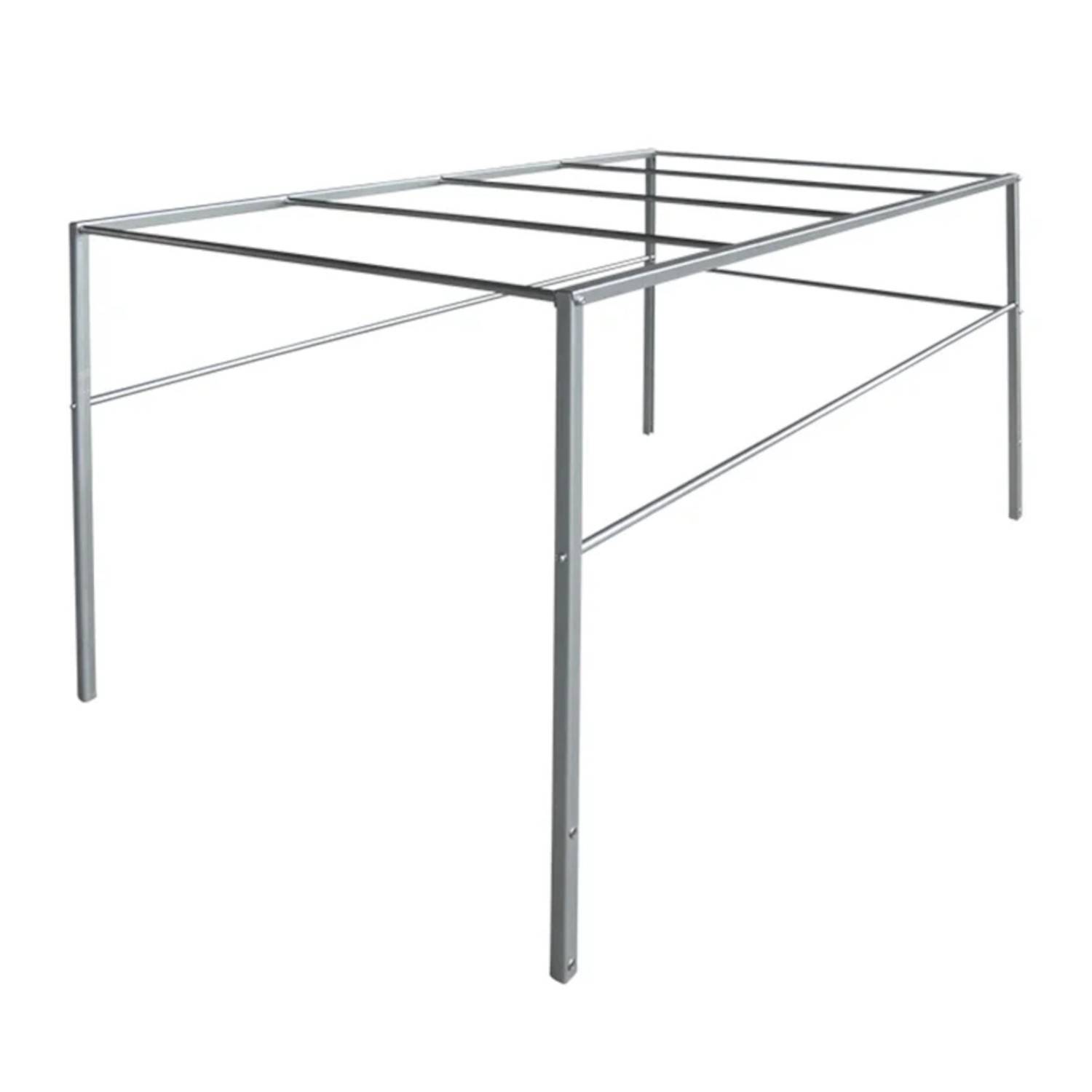 Ein Metallrahmenstativ mit vier Beinen und einer rechteckigen Oberseite, geeignet zur Unterstützung eines Tisches oder einer anderen ebenen Fläche.