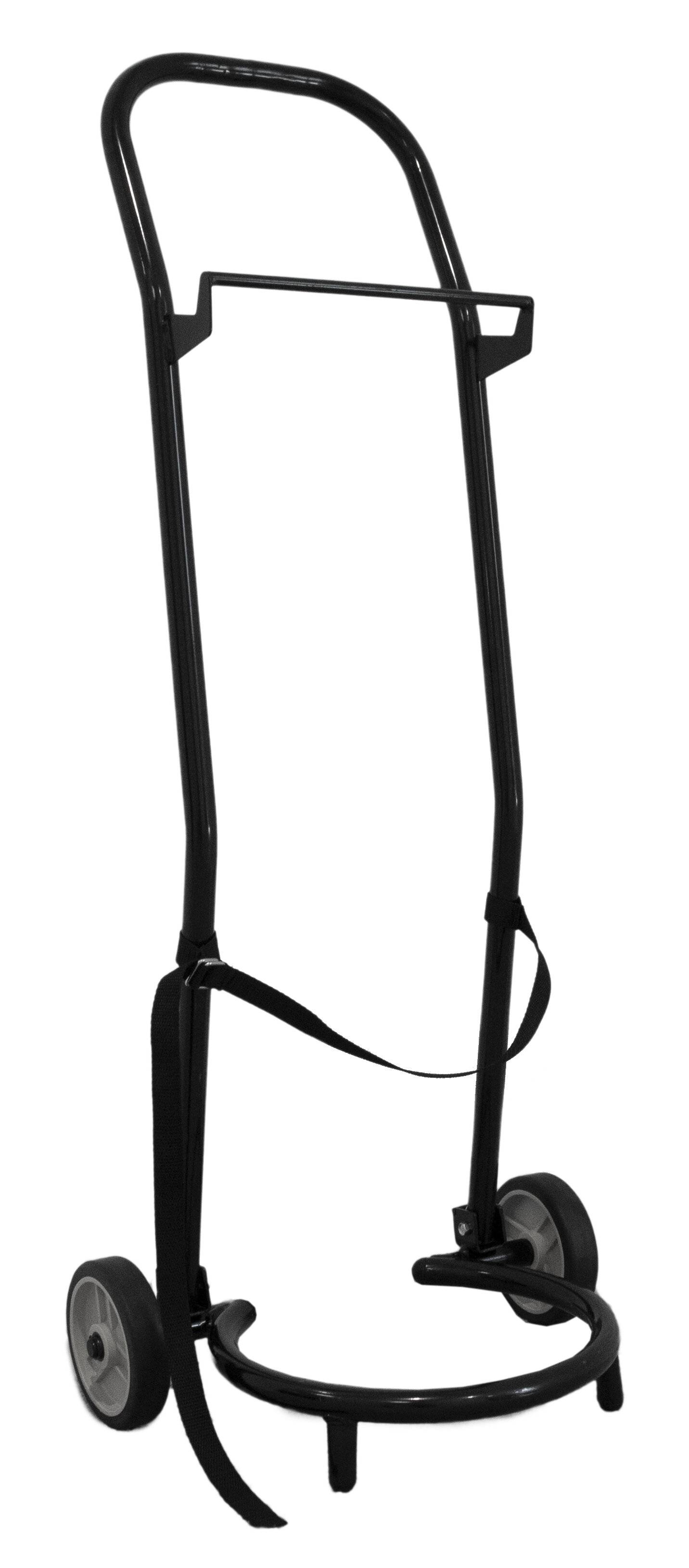 Zwei schwarze Metallstangen, die durch einen schwarzen Riemen verbunden sind, möglicherweise Teil eines Geschirrs oder einer Ausrüstungsaufstellung, gezeigt vor weißem Hintergrund.