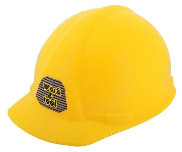 Ein gelber Schutzhelm mit einem Logo, auf dem 