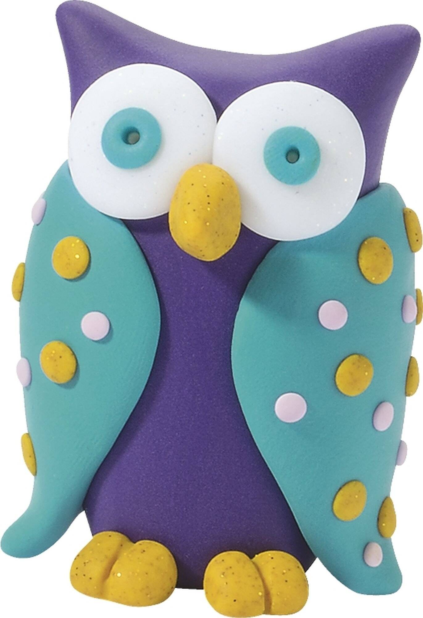 Eine bunte Tongabe mit großen runden Augen und einem gelben Schnabel. Sie hat blaugrüne Flügel mit gelben und rosa Flecken.