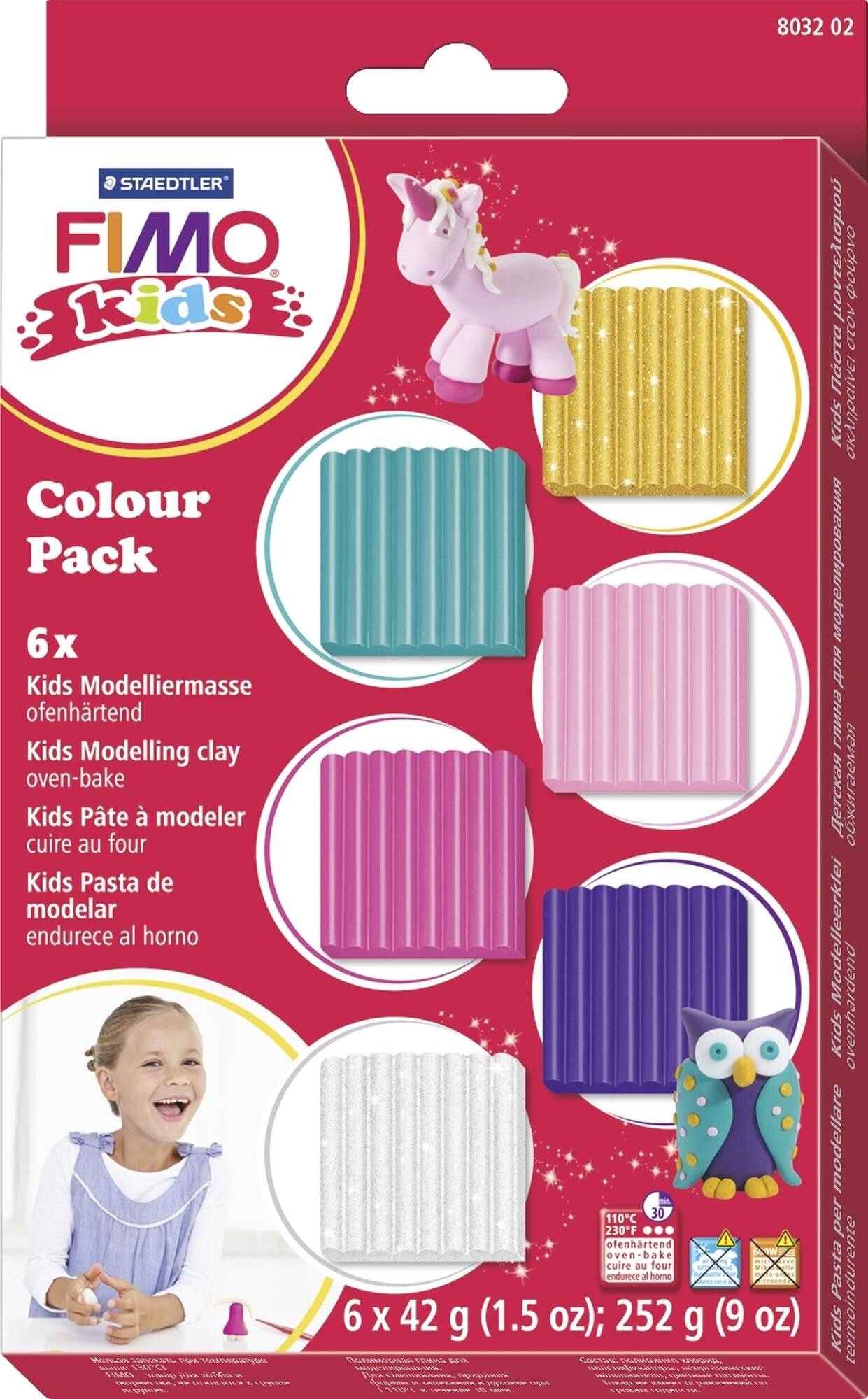 »Kids Colour Pack« Knete-Set mit sechs bunten ofenhärtenden Modelliertonen in einer Verpackung, die ein lachendes Kind und eine Eulenfigur zeigt.
