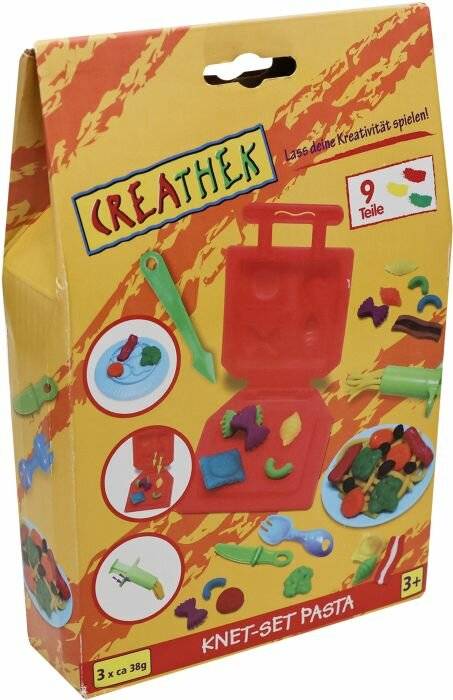 Spiellehmset-Verpackung mit farbigem Lehm, Formen und Werkzeugen zum kreativen Spielen. Enthält Bilder von Lehmformen und Werkzeuganwendungen.