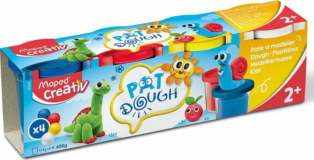 Eine Schachtel bunte Modelliermasse mit dem Markennamen „Pat Dough