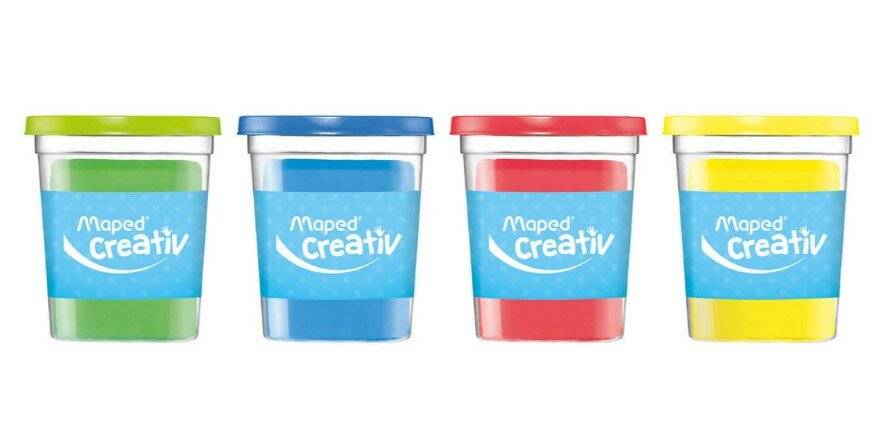 Zwei durchsichtige Behälter mit blauen und roten Deckeln, mit der Bezeichnung „Maped Creativ
