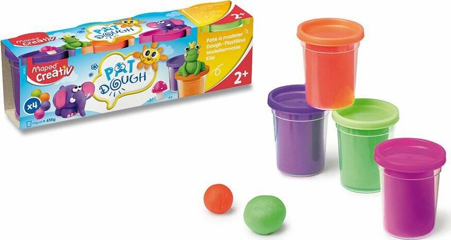 Knete-Box für ab 2 Jahren. Enthält drei Behälter: rot, lila, grün. Mit Cartoon-Frosch und buntem Design.