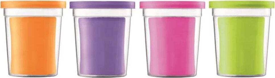 Zwei Behälter, einer mit violettem Deckel und Inhalt, der andere mit rosa Deckel und Inhalt, nebeneinander auf weißem Hintergrund.