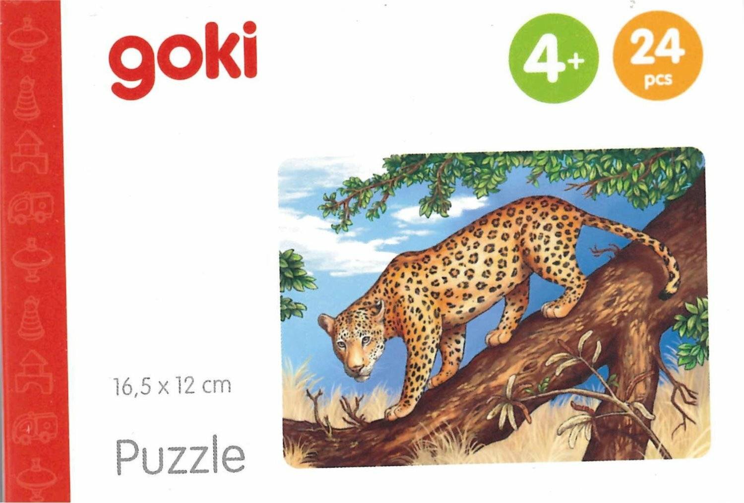 Ein Puzzle, das für Kinder ab 4 Jahren konzipiert ist und eine Illustration eines Leoparden zeigt, der auf einem Baumast in einer natürlichen Umgebung spaziert.