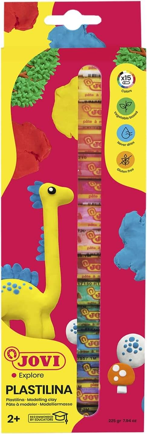 Ein buntes Paket mit einem verspielten Ton-Dinosaurier und glutenfreiem Etikett, mit sichtbaren Bonbonstreifen im Inneren.