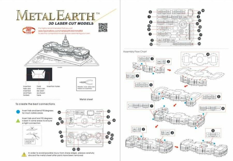 3D-Lasergeschnittene Modelle: 3D-Modell-Montageflussdiagramm eines Gebäudekomplexes. Enthält Metallblechdiagramm und Montageanleitung.