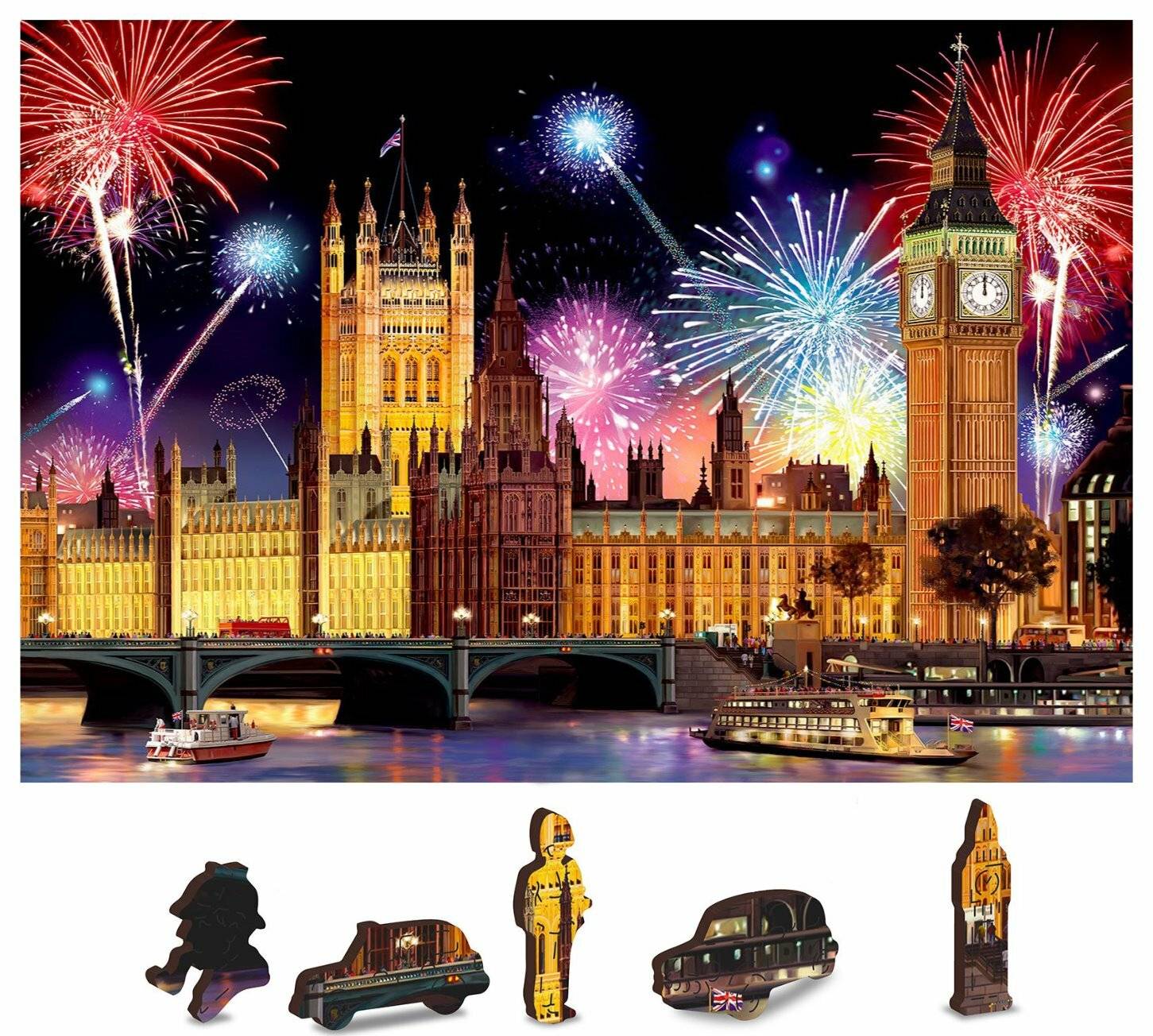 Feuerwerk erleuchtet den nächtlichen Himmel über dem beleuchteten Palace of Westminster und Big Ben, mit Booten auf der Themse im Vordergrund.