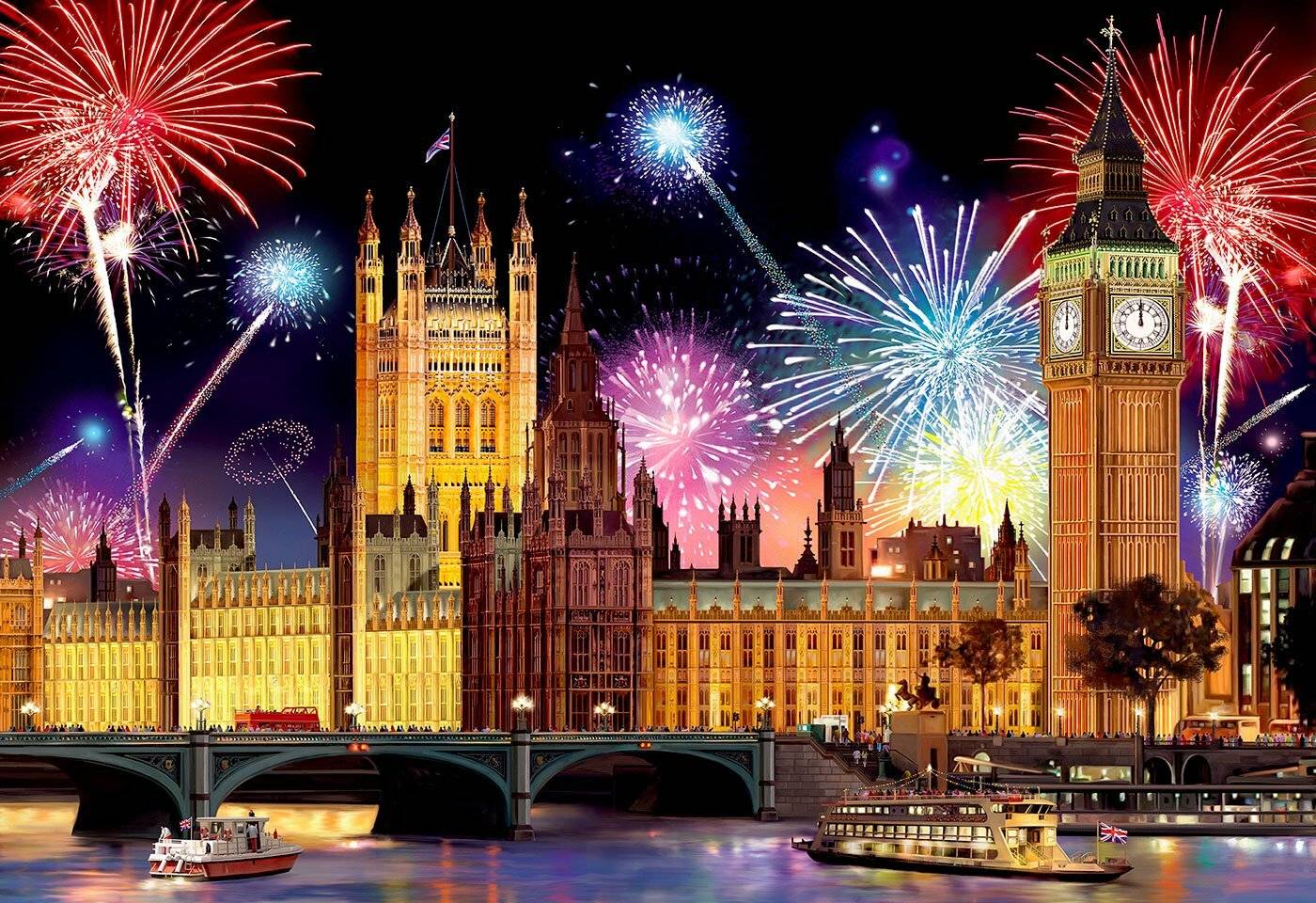 Feuerwerk erhellt nachts die Houses of Parliament und Big Ben in London und spiegelt sich im Fluss. Lebhafte Explosionen bilden einen Kontrast zur historischen Architektur.