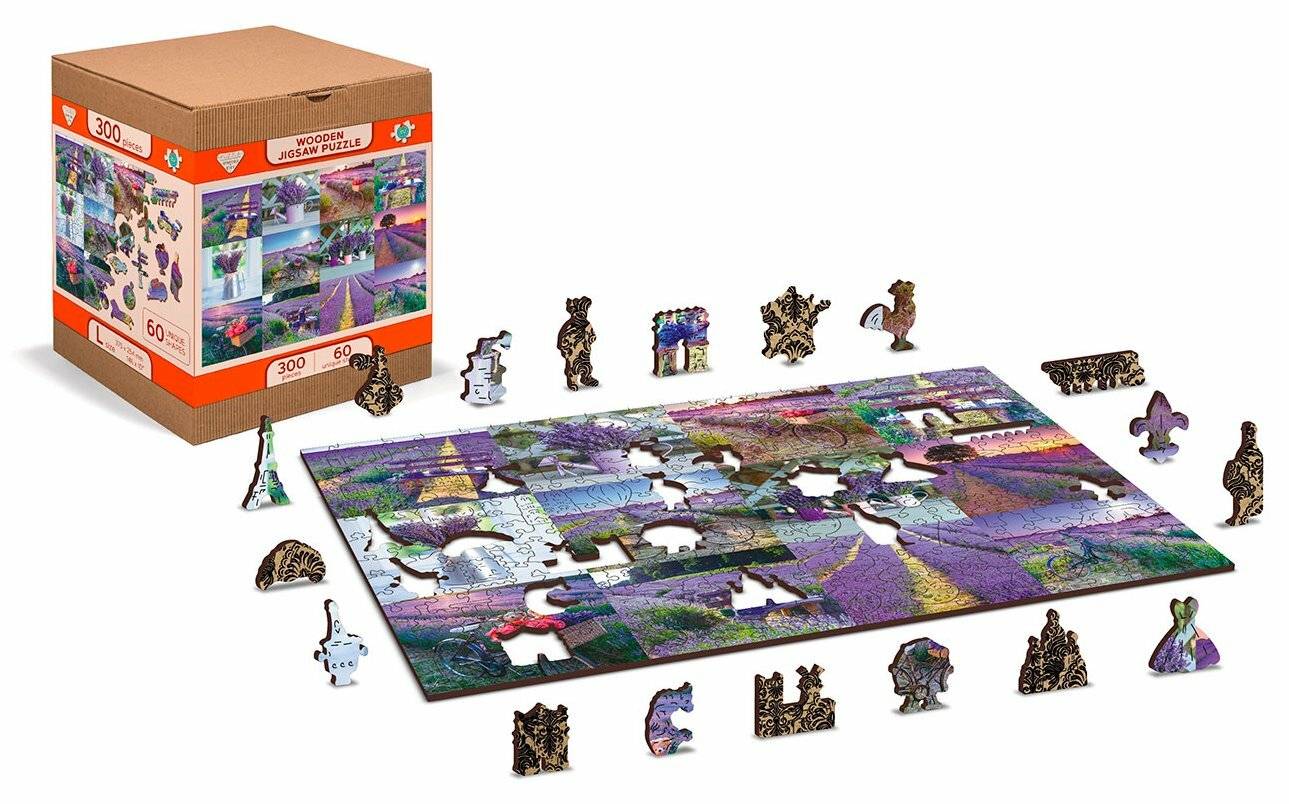Ein Puzzle mit farbenfrohen Naturbildern, das teilweise auf einem Tisch zusammengesetzt ist, umgeben von verstreuten einzelnen Teilen. Schachtel mit der Aufschrift „Holz-Puzzle, 300 Teile