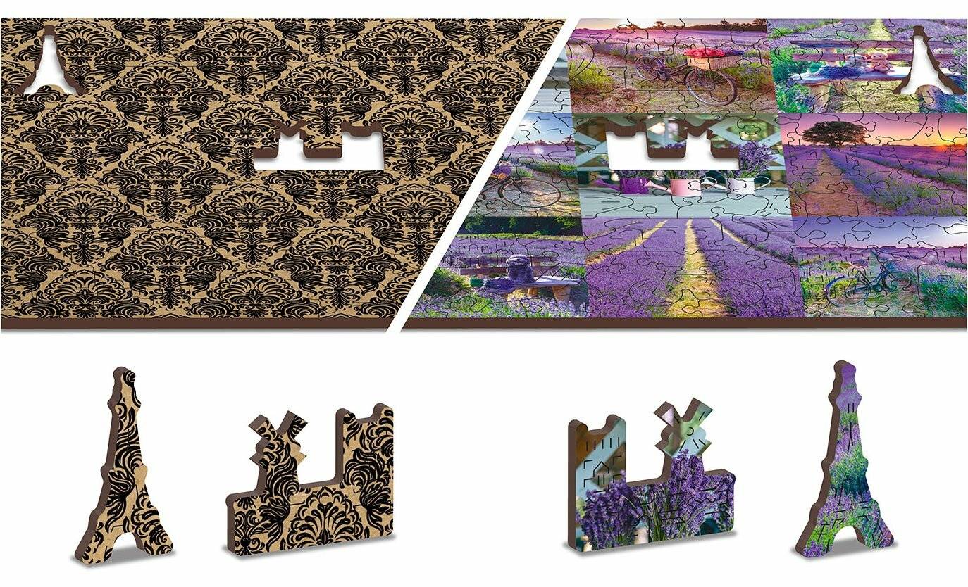 „Ein Rätsel, das einen Übergang von einem schwarzen Blumenmuster zu einer Collage aus farbenfrohen Bildern zeigt, einschließlich Lavendelfelder und eines Fahrrads.