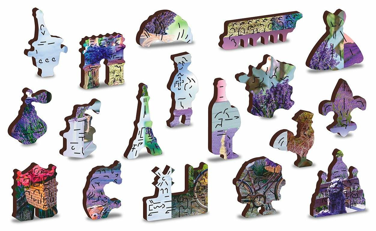 Ein Satz von Puzzleteilen in Form berühmter Wahrzeichen, darunter der Eiffelturm, der Schiefe Turm und das Kolosseum, jedes mit malerischen Bildern.