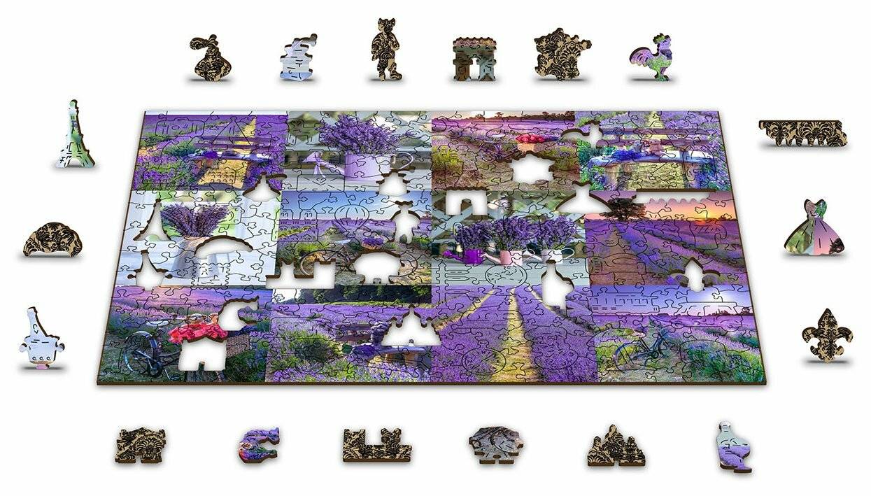 Ein teilweise zusammengesetztes Puzzle, das ein malerisches Lavendelfeld darstellt, mit ineinandergreifenden Teilen, die Tierschatten und Objektsilhouetten zeigen.