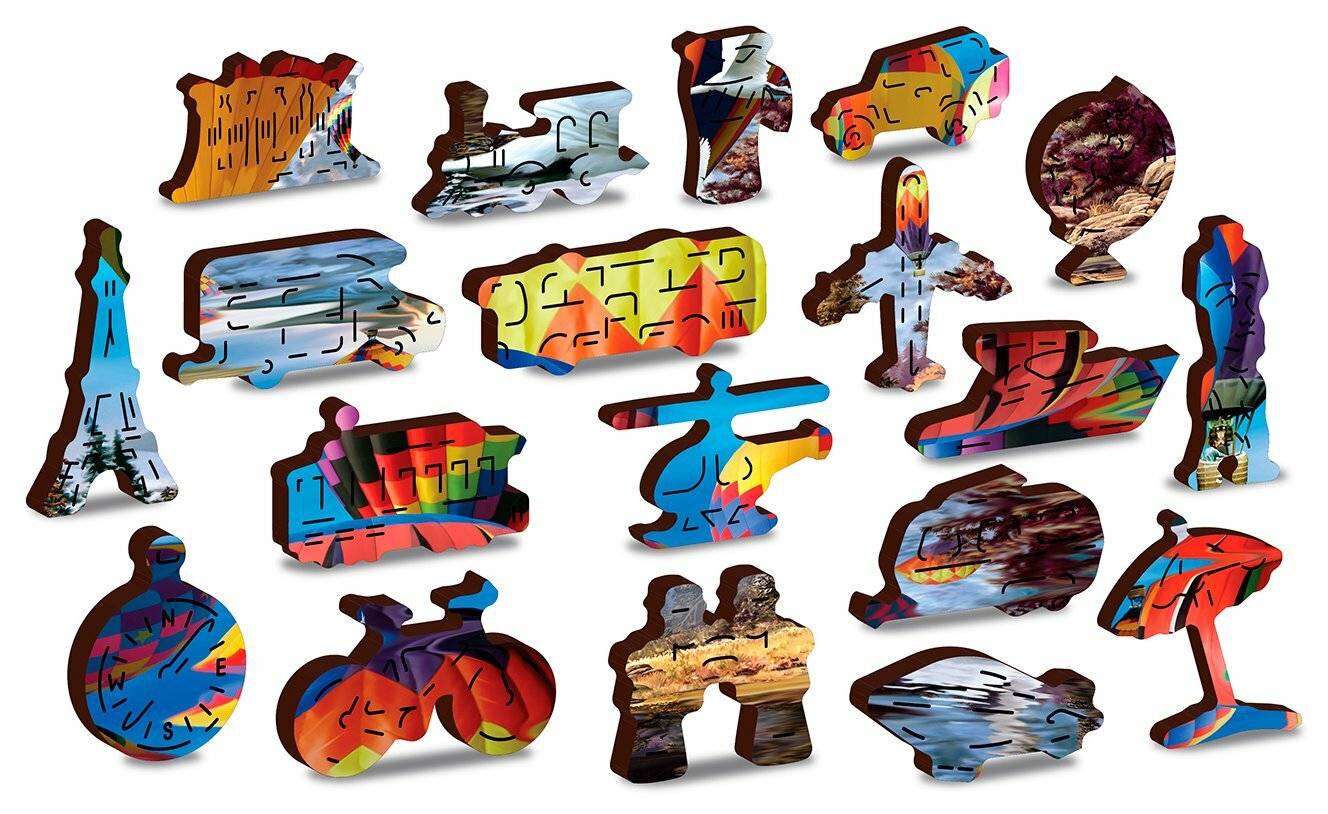 Verschiedene bunte stilisierte Fahrzeug- und Objektsymbole mit abstrakten Designs, einschließlich Autos, Motorräder und Züge, angezeigt auf weißem Hintergrund.